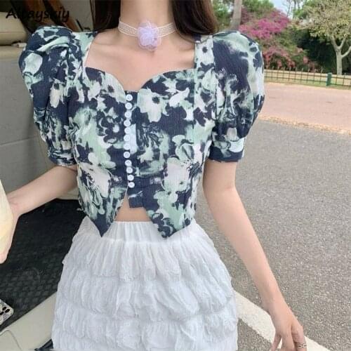 Shirts Women Printing Casual Slim Elegant Girls Ladies Square Collar Ulzzang Chic Puff Sleeve Stylish All-match Tender Tops New