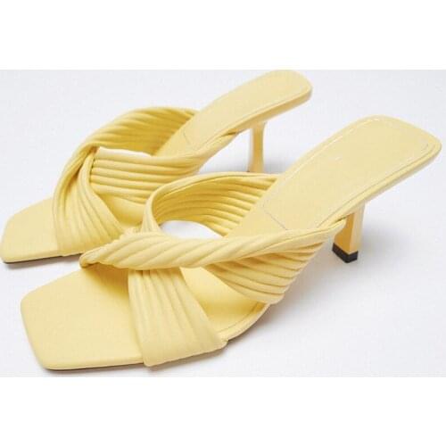 Womens Slippers Summer New Style Pleated Drawstring High-heeled Sandals Stiletto Open-toed Square Toe Large Size Slippers