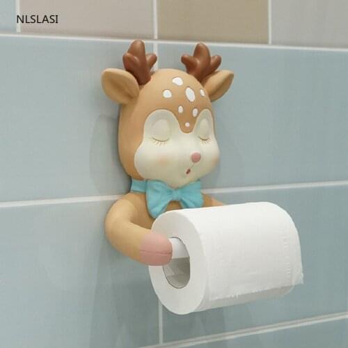 Cute Cartoon Fawn Resin Wall-mounted Punch-free Paper Towel Holder Home Bathroom Accessories Towel Stand Towel Storage Bracket