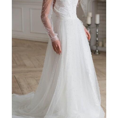 Wedding pearl dress with tulle skirt, boho ivory bridal gown, A-line sexy wedding dress, long sexy dress, delicate simple weddin