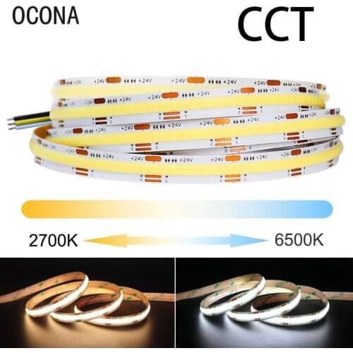 High Density CCT LED Strip COB Dual Colour Warm Cool White Linear Light Bar Flexible LED Tape DC 12V 24V Room Decor Dimmable