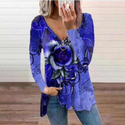 European and American trend new ladies casual fashion V-neck long-sleeve zipper print autumn clothing pullover womens t-shirt