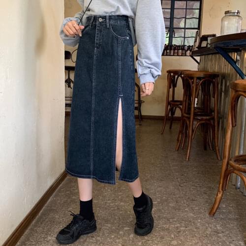 Split denim skirt female spring autumn 2021 new high waist thin A-line skirt retro long skirt Plus Size Denim Harajuku