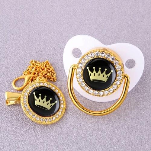 Funny Novelty Bling Stoned Crown Prince Dummy Pacifier With Matching Clip Silicone Orthodontic Nipple 0-18 Months Available