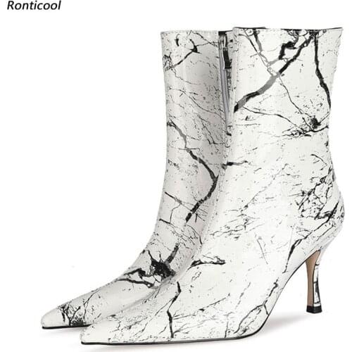 Ronticool Handmade Women Winter Marbling Ankle Boots Side Zipper 8 Cm Thin Heels Pointed Toe Black White Party Shoes Size 35 45