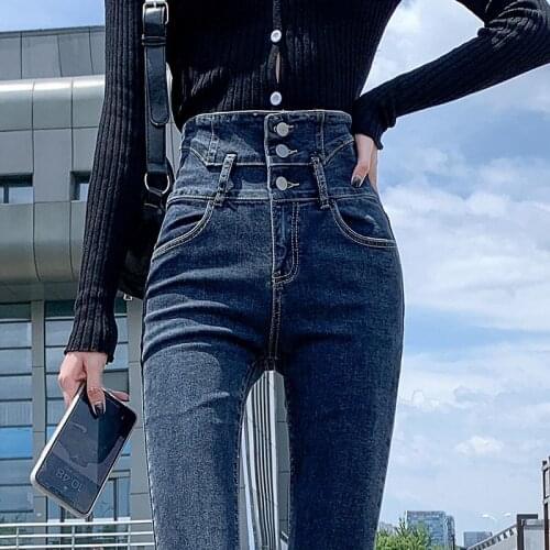 Woman Jeans Pants High Waist Autumn Winter Dark Stretch Tight Feet Pantalones Vaqueros Mujer