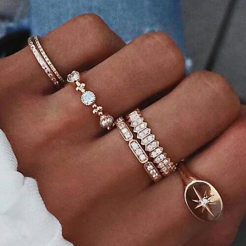6 Pcs/Set Punk Gold Color Alloy Star Zircon Rings Set for Women Unique Design Boho Geometric Personality Rhinestone Jewelry