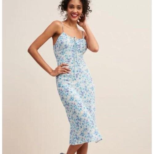 High Quality French Comfortable Blue silk lady dress Summer Floral Retro french Slip dress woman temperament Silk Straight dress