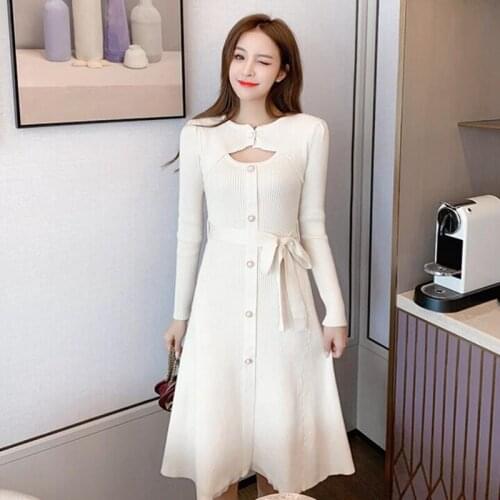 Women Fashion Korean Autumn Elegant Knit Dress Long Sleeve O Neck Single Breasted Slim Sweater Dresses
