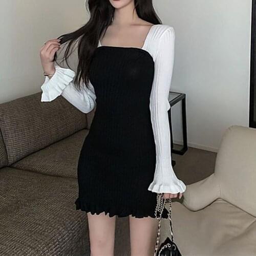 Spring Summer Dress Retro Women Square Neck Bowknot Ruffle Hem Mini Dress Elegant Color Block Ribbed Knit Dress Korean Vestidos