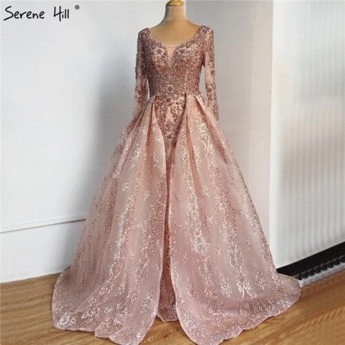 Serene Hill Pink V-neck Beading Crystal Design Evening Dress 2020 Dubai Luxury Long Sleeves Formal Party Gown CLA70424