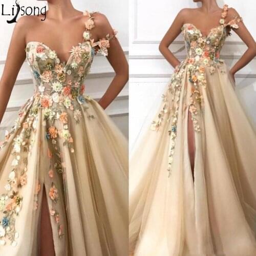2019 Gorgeous Champagne One Shoulder Prom Dresses Ruched A Line Front Slit Tulle Hand Made Flowers Plus Size Party Evening Gowns