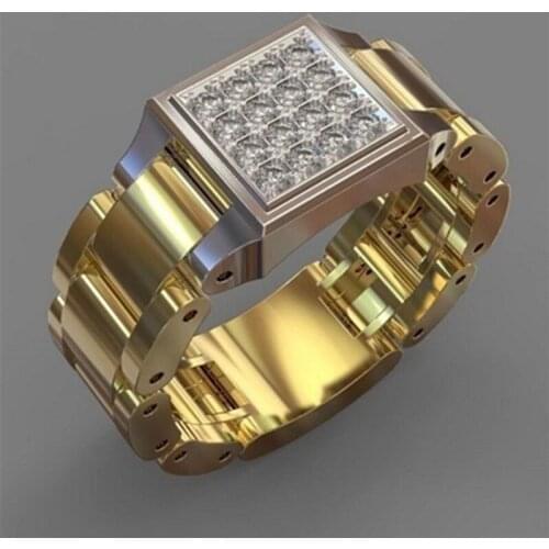 Business style Two-Tone Square Watch Shape Crystal Mens Ring Engagement Wedding Party Male Rings Jewelry Hand Accessories