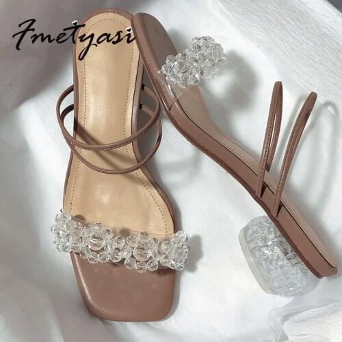 Fmetyasi Fashion Sandals Transparent Round Heel Sweet Sandals Ladies Casual Slides with Clear Flowers Elegant Sandal 2021 Summer