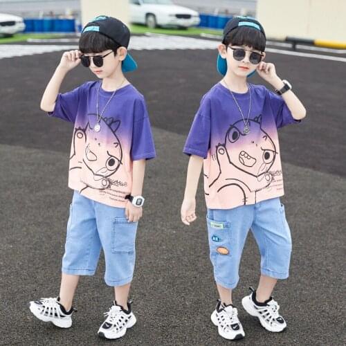 Boys' Set The New Mid-to-large Childrens Summer Korean Version of Denim Short-sleeved Suit Kids Clothes