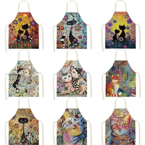Reto Flower Kitchen Cooking Apron Cute Pet Cat Printed Home Sleeveless Cotton Linen Aprons for Men Women Baking Accessories
