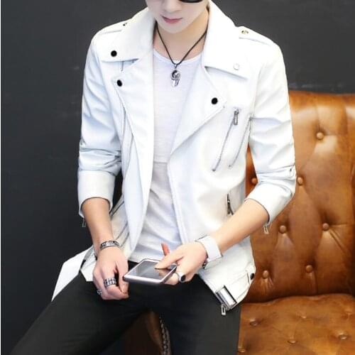 2021 mens autumn new style slim handsome lapel leather jacket youth oblique zipper fashion PU leather jacket