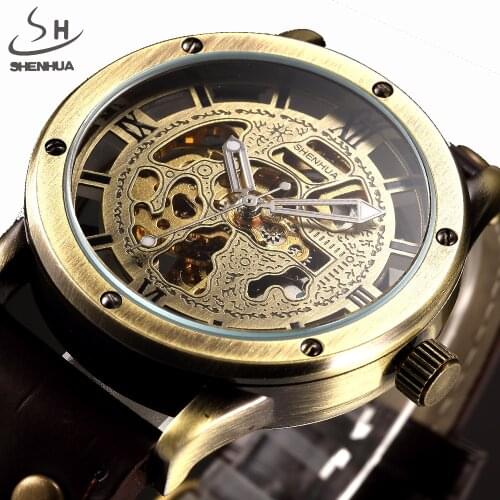 SHENHUA Bronze Automatic Mechanical Watches Men Hollow Skeleton Leather Strap Male Clock Relogio Masculino Mens Wrist Watches