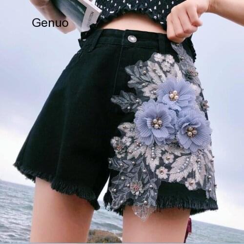 2019 Summer Women Embroidery Beads Pearls Wide Leg Tassel Red Black Denim Shorts , Womens 5xl High Waisted Jeans Shorts