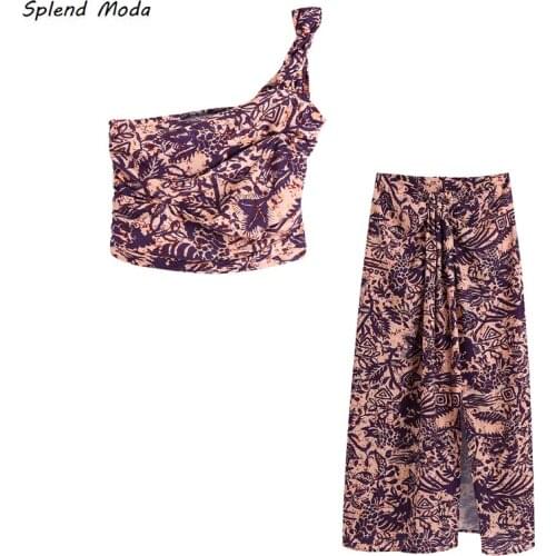 Splend Moda 2021 Summer New Women Holiday Style Fashion Printed Knotted Folds Crop Tops Camisole Vintage High Waist Sarong Skirt