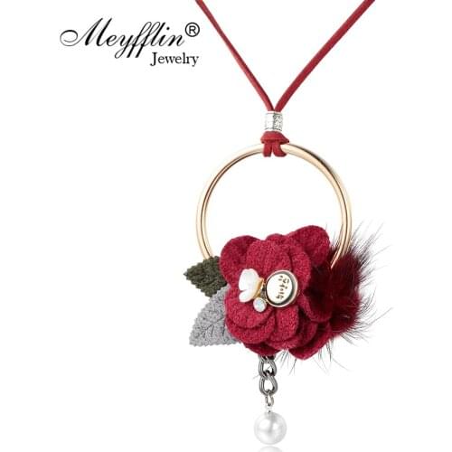 Meyfflin Women Fur Choker Necklaces & Pendants Fashion Cloth Flower Statement Long Necklaces for Women Maxi Jewelry Collier Gift