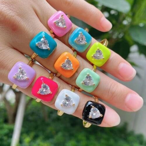 10Pcs Fashion Jewelry Gold Plated Multicolor Drop Oil Enamel Wide Zircon Heart Shape Adjustable Open Ring Enamel Dainty Rings