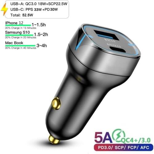 4.5A USB Type-C Car Charger With LED Display 52.5W Universal Phone Car Charger QC 3.0 QC4.0 Type C Quick Charge for iPhone