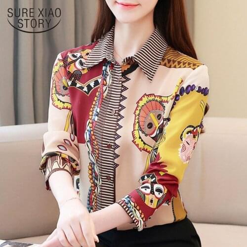 Blusas Mujer De Moda 2021 Spring OL Chiffon Blouse For Women Tops Button Print Turn-down Collar Womens Clothing Blouses 8427 50