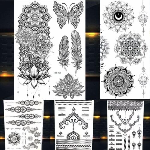 REJASKI Large Temporary Tattoos For Women Feather Black Henna Fake Tattoos Sticker Mandala Flower Women Waterproof Lace Tatoos