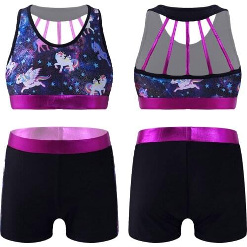 Kids Girls Gymnastics Dancewear Outfits Tanks Crop Top with Shorts for Ballet Dance Stage Performance Workout Yoga Running Sets