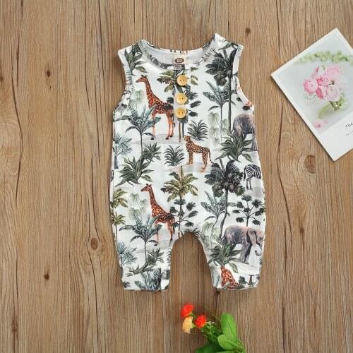 Newborn Baby Sleeveless Romper, Casual Animal Tree Print Button Front Round Neck Jumpsuit New Style 2021