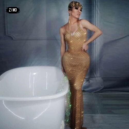 Sparkly gold rhinestone long dress for women party sexy birthday sleeveless nightclub stage costumes wedding designer stage bar