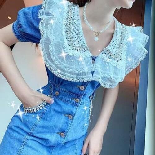 Europe and the United States fashion pure color dress summer casual womens denim sling belt flounces skirt dress