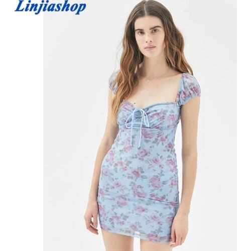 France Elegant women mini dresses Holiday Blue Floral Print vestido Vintage women dress Fashion center Bow dress