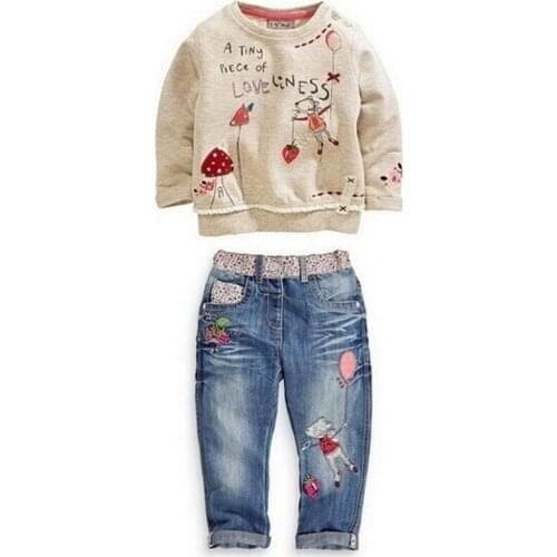 Kids Girls Clothing Sets Spring Autumn Baby Clothes Casual Cartoon Long-Sleeved Tops+Jeans 2 PCS Girl Costume 2 3 4 5 6 Years