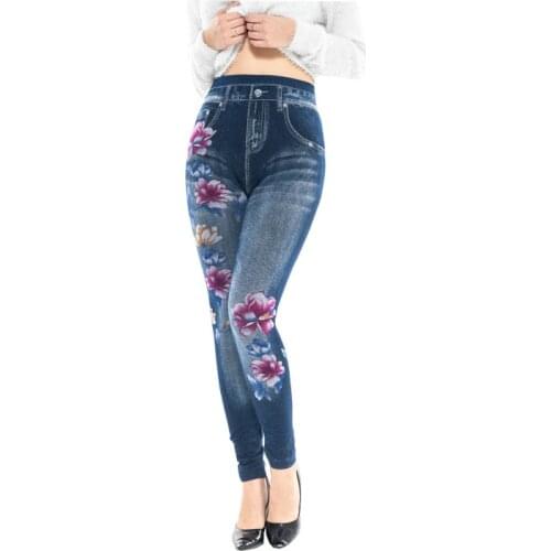 Slim Women Oversized Casual Faux Denim Jeans 3 Colors Floral Print Leggings Strechy Pencil Pants