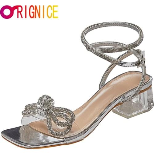 Orignice Luxury Bow Rhinestone Sandals Transparent High Heels Women New Ladies Temperament Fairy Style Cross Wedding Party Shoes