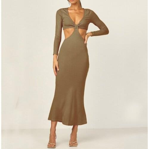 Sexy Women Long Sleeve V-neck Maxi Dress Spring Autumn Holiday Women Dresses Party Club Elegant Hollow Out Dress Sundress