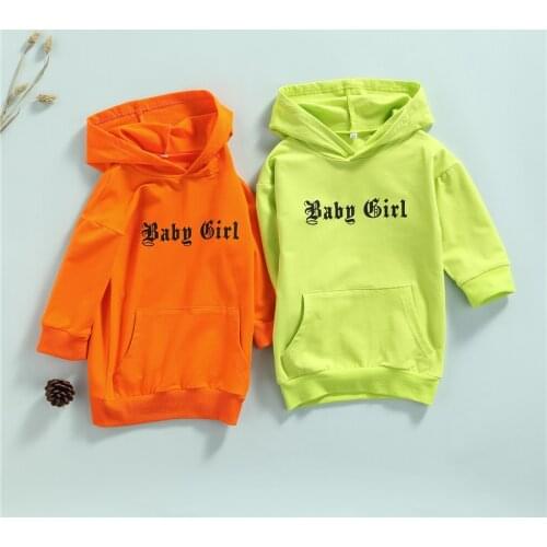 Girls Casual Long Sleeve Dress Letters Printed Pattern Hooded Long Pullover Fluorescent Green/ Orange