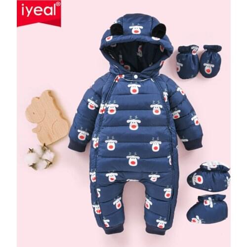 IYREAL Christmas Childrens Jumpsuit 90% White Duck Down Jacket Winter Boys Girls Hooded Deer Warm Outerwear Kids Baby Down Coats