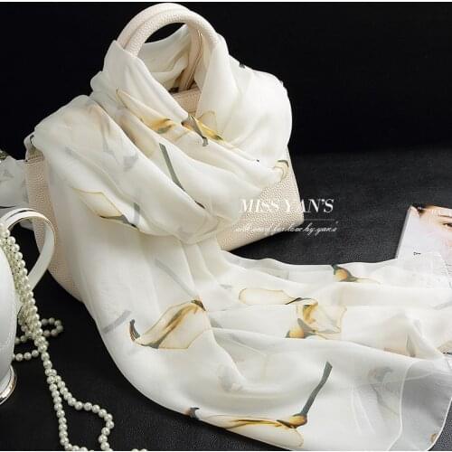 Silk Scarf Women White Long Printed Calla Lily Spring Autumn Winter Spring Summer Neck Scarfs Wraps Hangzhou Bandana Gift for