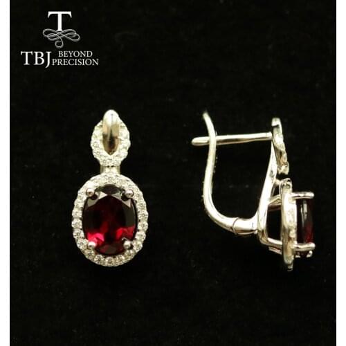 TBJ,100% Natural Rhodolite garnet clasp earrring oval cut 6*8mm 3.3ct real brazil gemstone jewelry 925 sterling silver for girls