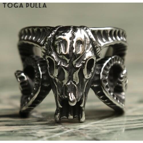 Unique Punk Gothic Goat Skull Ring Cool Mens 316L Stainless Steel Motorcycle Biker Ring Adjustable Opening Animal Ring Jewelry