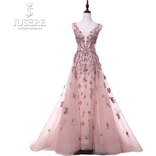 V-Neck Beads Bodice Open Back A Line Long Evening Dress Party Elegant Vestido De Festa Carnation Fast Shipping Prom Gowns 2018