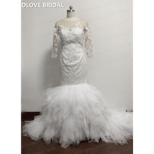 High Quality Mermaid Wedding Dress with Sleeves Delicate Pearl Beaded Bridal Gown Real Photos