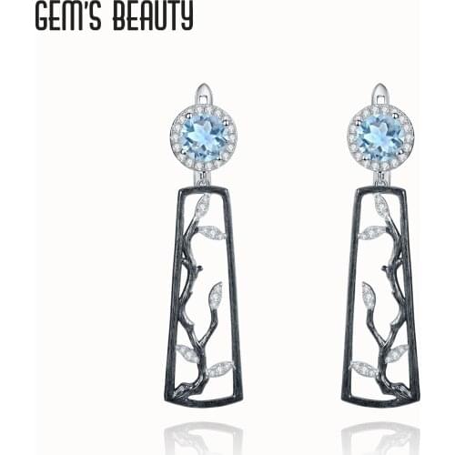 GEMS BEAUTY 925 Sterling Silver Vintage Stud Earrings For Women Round Natural Sky Blue Topaz Handmade Birthstone Earrings