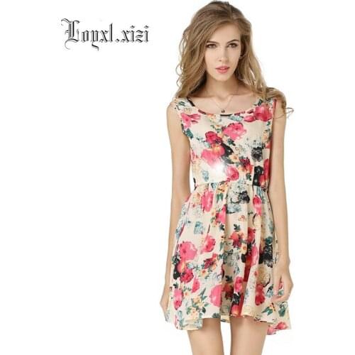 Womens fashion spring summer bottom sleeveless printed chiffon dress printed mini dress LQ0034
