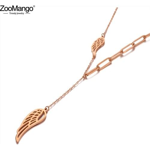ZooMango Goth Titanium Stainless Steel Angel Wings Charm Pendant Necklaces Trendy Rose Gold Choker Necklace For Women ZN20114