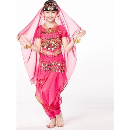 Children Indian Dance 5-piece Set Costume Top, Belt, Pants and Head Pieces Coin Bracelets Bollywood Dance Costumes for Kids
