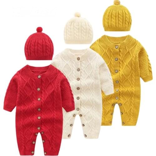 New Baby Rompers Knitted Newborn Boy Jumpsuit With Hat Outfits Long Sleeve Autumn Infant Girl Overalls Winter Warm Children Wear
